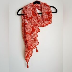 Elegant Paisley Orange Scarf with Tassels and Pom Poms